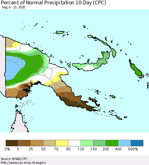 Papua New Guinea Percent of Normal Precipitation 10-Day (CPC) Thematic Map For 8/6/2020 - 8/15/2020