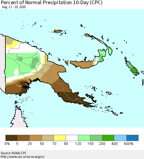 Papua New Guinea Percent of Normal Precipitation 10-Day (CPC) Thematic Map For 8/11/2020 - 8/20/2020