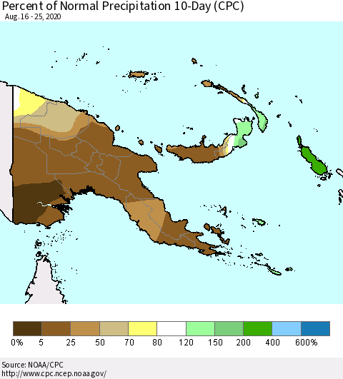 Papua New Guinea Percent of Normal Precipitation 10-Day (CPC) Thematic Map For 8/16/2020 - 8/25/2020