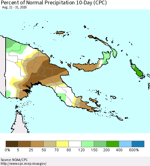 Papua New Guinea Percent of Normal Precipitation 10-Day (CPC) Thematic Map For 8/21/2020 - 8/31/2020