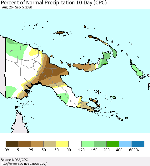 Papua New Guinea Percent of Normal Precipitation 10-Day (CPC) Thematic Map For 8/26/2020 - 9/5/2020