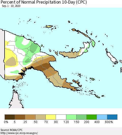 Papua New Guinea Percent of Normal Precipitation 10-Day (CPC) Thematic Map For 9/1/2020 - 9/10/2020