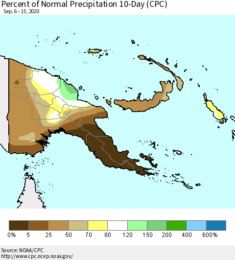 Papua New Guinea Percent of Normal Precipitation 10-Day (CPC) Thematic Map For 9/6/2020 - 9/15/2020