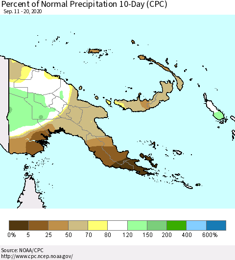 Papua New Guinea Percent of Normal Precipitation 10-Day (CPC) Thematic Map For 9/11/2020 - 9/20/2020