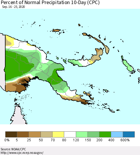 Papua New Guinea Percent of Normal Precipitation 10-Day (CPC) Thematic Map For 9/16/2020 - 9/25/2020