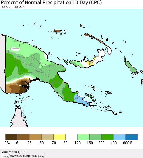 Papua New Guinea Percent of Normal Precipitation 10-Day (CPC) Thematic Map For 9/21/2020 - 9/30/2020