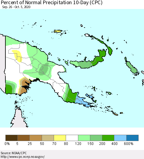 Papua New Guinea Percent of Normal Precipitation 10-Day (CPC) Thematic Map For 9/26/2020 - 10/5/2020