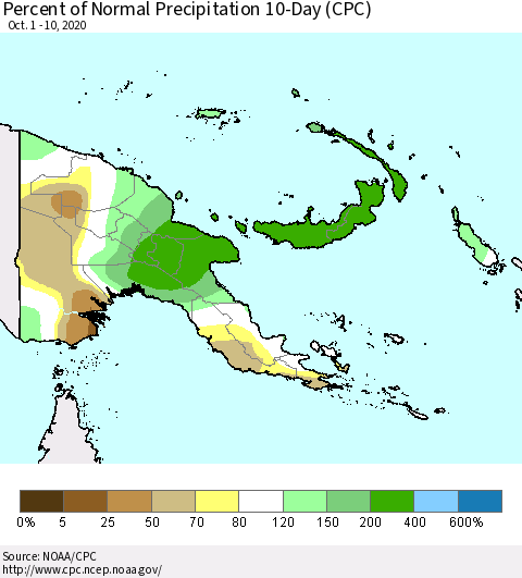 Papua New Guinea Percent of Normal Precipitation 10-Day (CPC) Thematic Map For 10/1/2020 - 10/10/2020