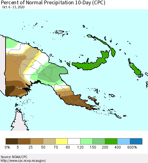 Papua New Guinea Percent of Normal Precipitation 10-Day (CPC) Thematic Map For 10/6/2020 - 10/15/2020