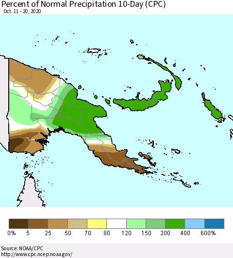 Papua New Guinea Percent of Normal Precipitation 10-Day (CPC) Thematic Map For 10/11/2020 - 10/20/2020