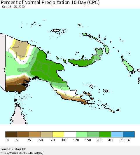 Papua New Guinea Percent of Normal Precipitation 10-Day (CPC) Thematic Map For 10/16/2020 - 10/25/2020