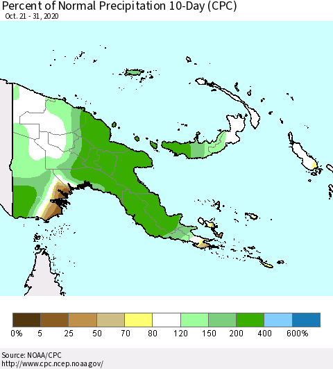 Papua New Guinea Percent of Normal Precipitation 10-Day (CPC) Thematic Map For 10/21/2020 - 10/31/2020