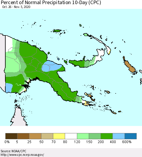 Papua New Guinea Percent of Normal Precipitation 10-Day (CPC) Thematic Map For 10/26/2020 - 11/5/2020