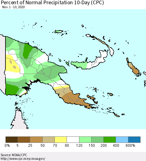 Papua New Guinea Percent of Normal Precipitation 10-Day (CPC) Thematic Map For 11/1/2020 - 11/10/2020