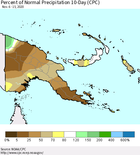Papua New Guinea Percent of Normal Precipitation 10-Day (CPC) Thematic Map For 11/6/2020 - 11/15/2020