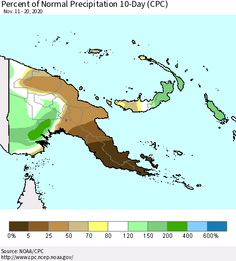 Papua New Guinea Percent of Normal Precipitation 10-Day (CPC) Thematic Map For 11/11/2020 - 11/20/2020