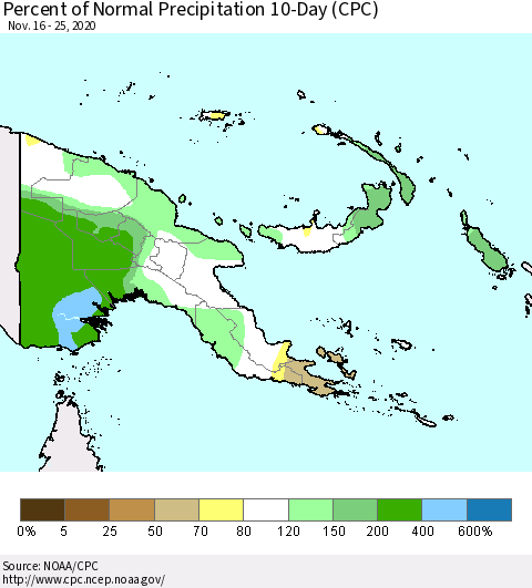 Papua New Guinea Percent of Normal Precipitation 10-Day (CPC) Thematic Map For 11/16/2020 - 11/25/2020