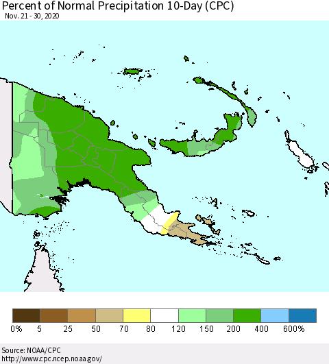 Papua New Guinea Percent of Normal Precipitation 10-Day (CPC) Thematic Map For 11/21/2020 - 11/30/2020