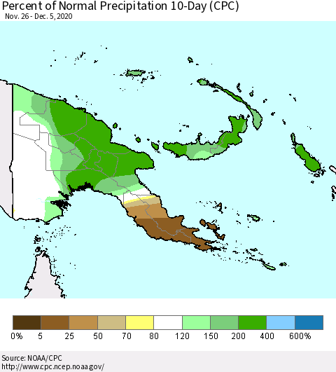 Papua New Guinea Percent of Normal Precipitation 10-Day (CPC) Thematic Map For 11/26/2020 - 12/5/2020