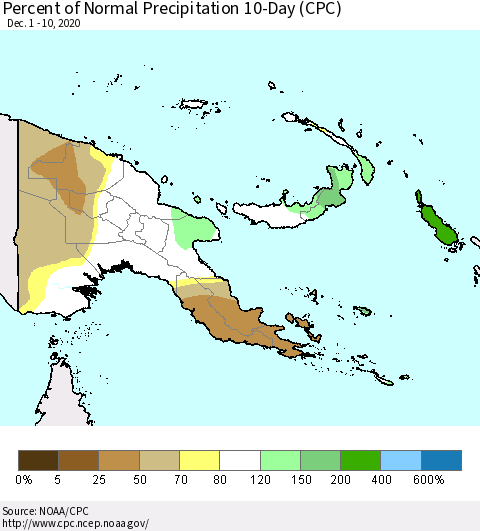 Papua New Guinea Percent of Normal Precipitation 10-Day (CPC) Thematic Map For 12/1/2020 - 12/10/2020