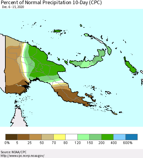 Papua New Guinea Percent of Normal Precipitation 10-Day (CPC) Thematic Map For 12/6/2020 - 12/15/2020