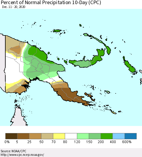 Papua New Guinea Percent of Normal Precipitation 10-Day (CPC) Thematic Map For 12/11/2020 - 12/20/2020