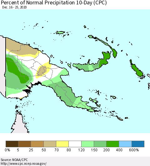 Papua New Guinea Percent of Normal Precipitation 10-Day (CPC) Thematic Map For 12/16/2020 - 12/25/2020