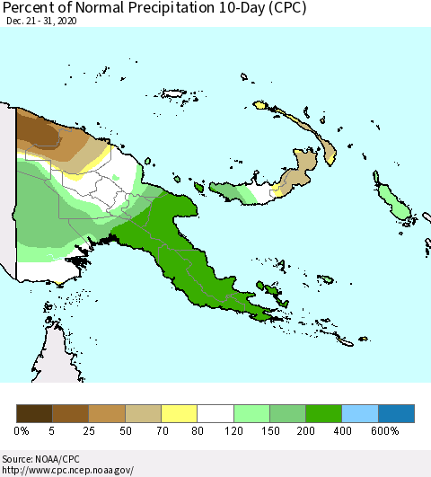 Papua New Guinea Percent of Normal Precipitation 10-Day (CPC) Thematic Map For 12/21/2020 - 12/31/2020