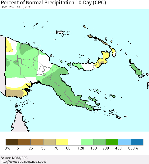 Papua New Guinea Percent of Normal Precipitation 10-Day (CPC) Thematic Map For 12/26/2020 - 1/5/2021