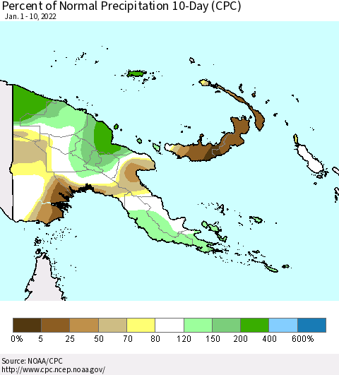 Papua New Guinea Percent of Normal Precipitation 10-Day (CPC) Thematic Map For 1/1/2022 - 1/10/2022