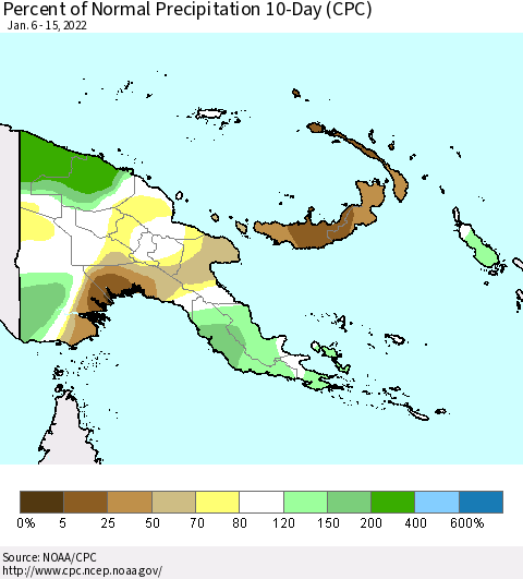 Papua New Guinea Percent of Normal Precipitation 10-Day (CPC) Thematic Map For 1/6/2022 - 1/15/2022