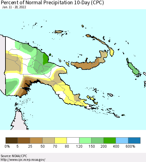 Papua New Guinea Percent of Normal Precipitation 10-Day (CPC) Thematic Map For 1/11/2022 - 1/20/2022