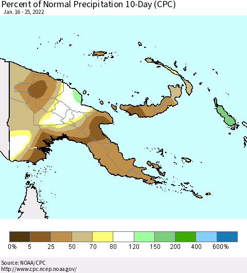 Papua New Guinea Percent of Normal Precipitation 10-Day (CPC) Thematic Map For 1/16/2022 - 1/25/2022