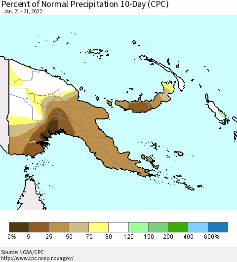 Papua New Guinea Percent of Normal Precipitation 10-Day (CPC) Thematic Map For 1/21/2022 - 1/31/2022