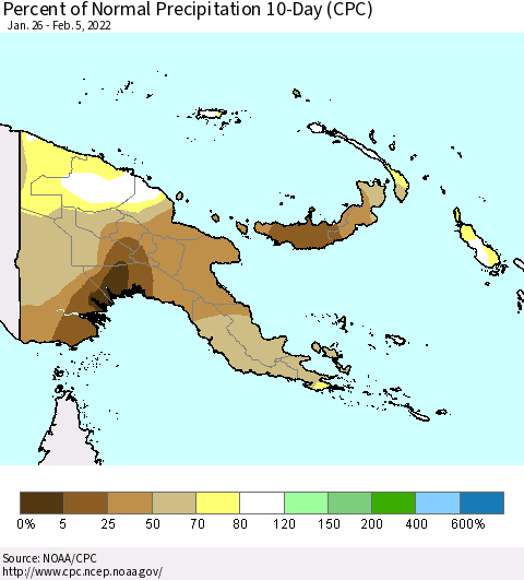 Papua New Guinea Percent of Normal Precipitation 10-Day (CPC) Thematic Map For 1/26/2022 - 2/5/2022