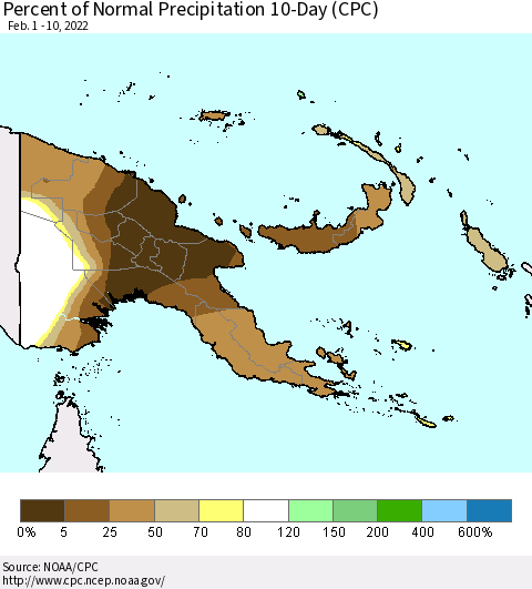 Papua New Guinea Percent of Normal Precipitation 10-Day (CPC) Thematic Map For 2/1/2022 - 2/10/2022