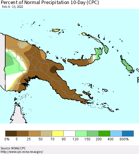 Papua New Guinea Percent of Normal Precipitation 10-Day (CPC) Thematic Map For 2/6/2022 - 2/15/2022