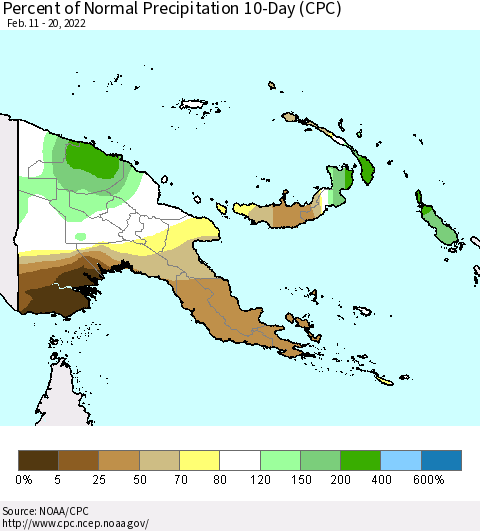 Papua New Guinea Percent of Normal Precipitation 10-Day (CPC) Thematic Map For 2/11/2022 - 2/20/2022