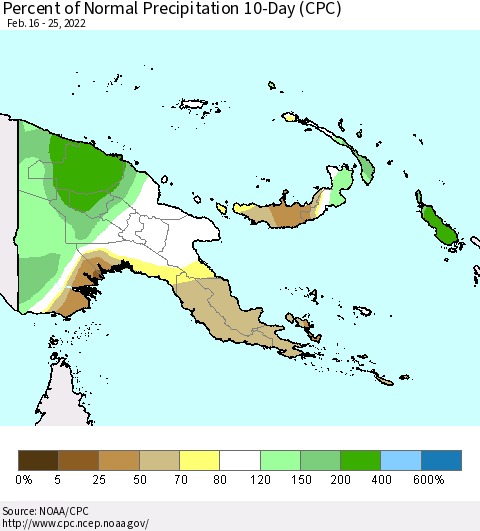 Papua New Guinea Percent of Normal Precipitation 10-Day (CPC) Thematic Map For 2/16/2022 - 2/25/2022