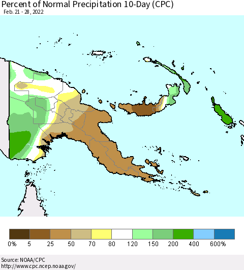 Papua New Guinea Percent of Normal Precipitation 10-Day (CPC) Thematic Map For 2/21/2022 - 2/28/2022