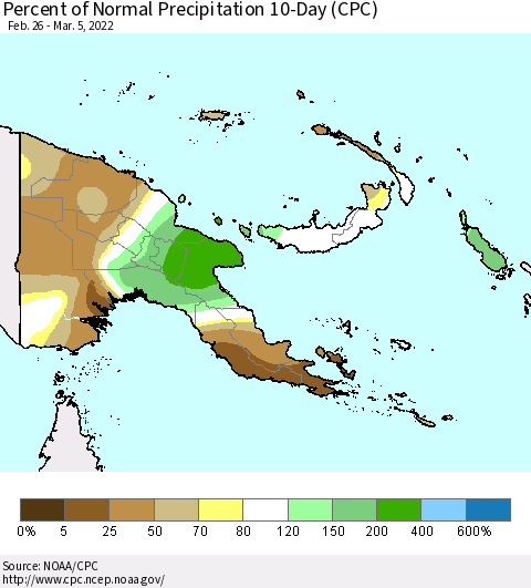 Papua New Guinea Percent of Normal Precipitation 10-Day (CPC) Thematic Map For 2/26/2022 - 3/5/2022