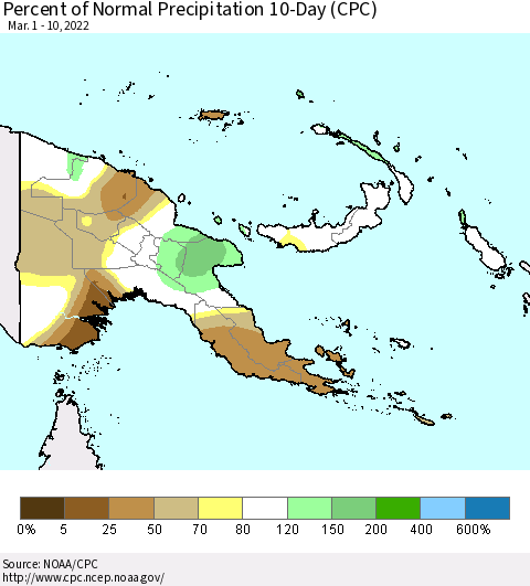 Papua New Guinea Percent of Normal Precipitation 10-Day (CPC) Thematic Map For 3/1/2022 - 3/10/2022