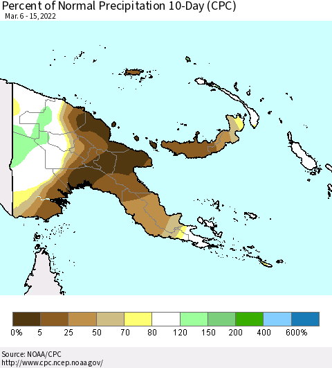 Papua New Guinea Percent of Normal Precipitation 10-Day (CPC) Thematic Map For 3/6/2022 - 3/15/2022