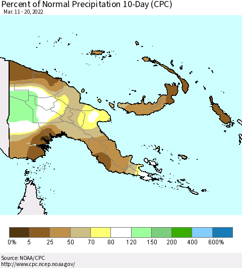 Papua New Guinea Percent of Normal Precipitation 10-Day (CPC) Thematic Map For 3/11/2022 - 3/20/2022