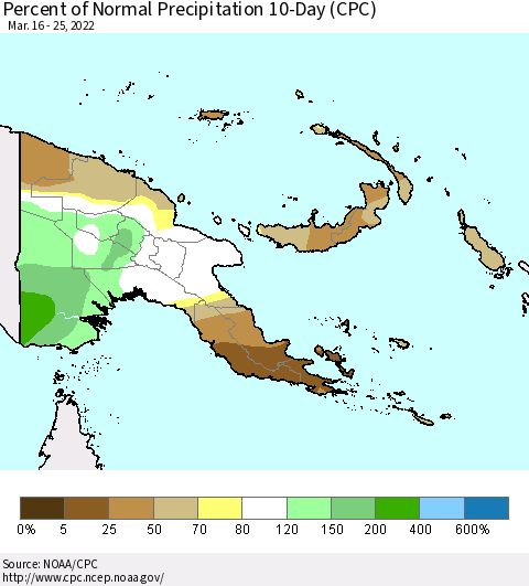 Papua New Guinea Percent of Normal Precipitation 10-Day (CPC) Thematic Map For 3/16/2022 - 3/25/2022
