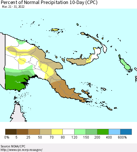 Papua New Guinea Percent of Normal Precipitation 10-Day (CPC) Thematic Map For 3/21/2022 - 3/31/2022