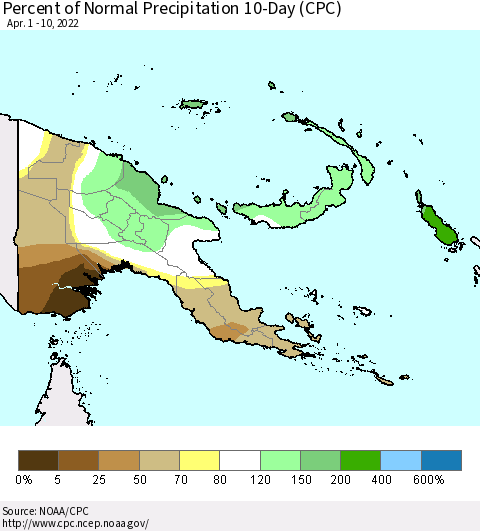 Papua New Guinea Percent of Normal Precipitation 10-Day (CPC) Thematic Map For 4/1/2022 - 4/10/2022