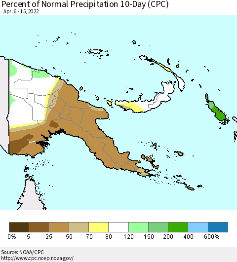 Papua New Guinea Percent of Normal Precipitation 10-Day (CPC) Thematic Map For 4/6/2022 - 4/15/2022