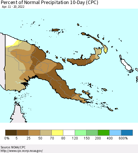 Papua New Guinea Percent of Normal Precipitation 10-Day (CPC) Thematic Map For 4/11/2022 - 4/20/2022