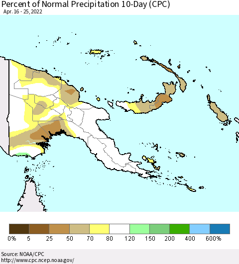 Papua New Guinea Percent of Normal Precipitation 10-Day (CPC) Thematic Map For 4/16/2022 - 4/25/2022